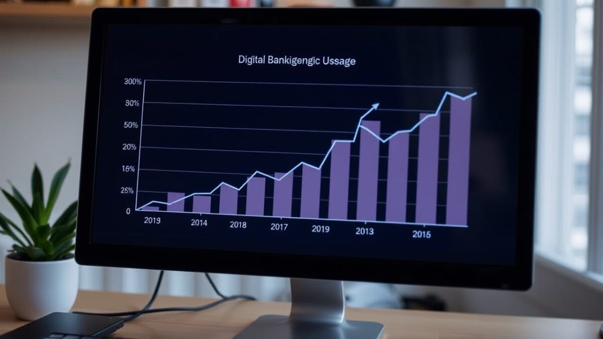 A chart showing upward trends in digital banking usage on a computer screen